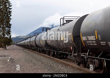Troy, Montana, Stati Uniti. Febbraio 23, 2021. Una linea di autocisterne ferroviarie DOT-111, sui binari del cantiere BNSF. Foto Stock