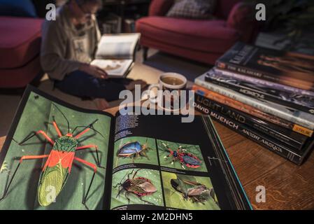 Open non-fiction hardcover tavolino libro sulla fauna selvatica fotografia mostra gli animali nel soggiorno a casa | Beau-livre de nature ouvert sur table de salon 06/03/2018 Foto Stock