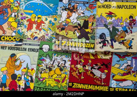 Collezione di colorate copertine dei fumetti fiamminghi Jommeke dal creatore belga di fumetti / cartoonist Jef NYS | Premières de couverture de bandes dessinées Gil et Jo / Jommeke par Jef NYS, auteur de bande dessinée belge d'Expression néerlandaise 07/03/2018 Foto Stock