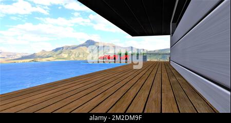 Splendida piscina con terrazza in legno sul tetto della tenuta contemporanea situata in montagna. rendering 3d. Foto Stock