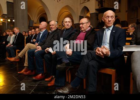 L'ex ciclista belga Freddy Maertens, l'ex ciclista belga Michel Pollentier e l'ex ciclista belga Eric Leman hanno raffigurato durante la presentazione del libro "Top 1000 van de Belgische wielrenners" (Top 1000 dei ciclisti belgi), scritto dal giornalista Jacques Sys, martedì 13 marzo 2018, a Roeselare. BELGA FOTO KURT DESPLENTER Foto Stock