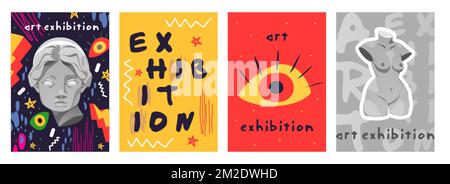 Retro futuristic flyers for modern abstract art exhibition. Vector posters with antique sculpture face and and statue body, open eye, surreal shapes a Illustrazione Vettoriale