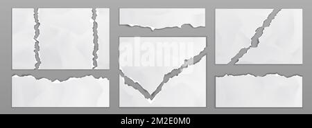 Old paper sheets with torn edges. White ripped and crumpled notes and scraps isolated on gray background. Blank paper pages pieces, vector realistic i Stock Vector