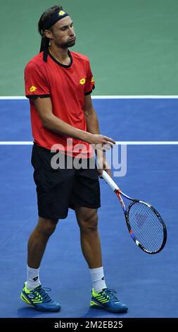 Belgian Ruben Bemelmans (ATP 110) looks dejected during a tennis game against US' John Isner (ATP 9), the fourth and last rubber of the quarterfinals of the Davis Cup World Group tennis between USA and Belgium, Sunday 08 April 2018, in Nashville, United States of America. The Davis Cup meeting is taking place from 6 to 8 April. BELGA PHOTO BENOIT DOPPAGNE  Stock Photo