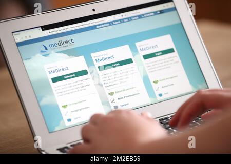 L'immagine mostra il sito web della banca online MeDirect, lunedì 09 aprile 2018 a Charleroi. BELGA PHOTO VIRGINIE LEFOUR Foto Stock
