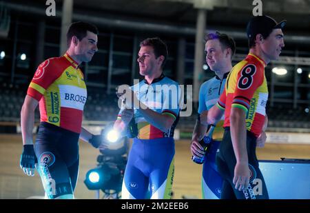 Second classified Belgian riders Kenny de Ketele and Moreno de Pauw greet winners Spanish Albert Torres and Sebastian Mora after their Madison race on the final of the Mallorca Six Days track cycling competition, Saturday 14 April 2018, at the Palma Arena in Palma, Mallorca. BELGA PHOTO ENRIQUE CALVO  Stock Photo