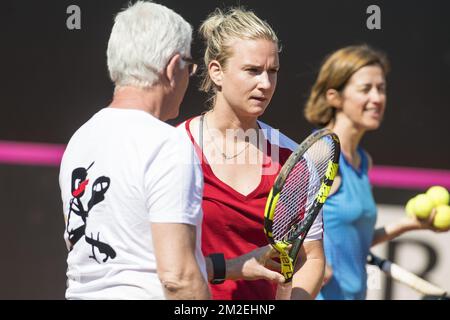 Belgian captain Ivo Van Aken, Belgian Ysaline Bonaventure and Belgium Assistant coach Laurence Courtois pictured during a training session ahead of this weekend's Fed Cup World Group Play Off meeting between Italy and Belgium in Genoa, Italy, Thursday 19 April 2018. BELGA PHOTO LAURIE DIEFFEMBACQ Stock Photo