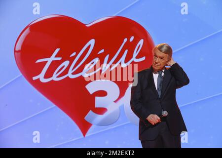 Il cantante Salvatore Adamo si esibisce alla cerimonia di chiusura dell'edizione 30th dell'evento benefico 'Televie' delle catene televisive RTL-TVI, sabato 21 aprile 2018 a Louvain-la-Neuve. FOTO DI BELGA NICOLAS MAETERLINCK Foto Stock