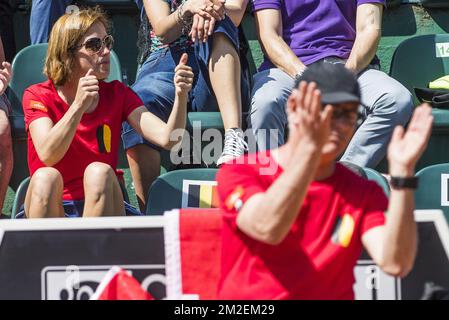 Belgium Assistant coach Laurence Courtois and Belgian captain Ivo Van Aken celebrate during a tennis game between Italian Sara Errani and Belgian Elise Mertens (WTA 17), the third rubber of this weekend's Fed Cup World Group Play Off meeting between Italy and Belgium in Genoa, Italy, Sunday 22 April 2018. BELGA PHOTO LAURIE DIEFFEMBACQ Stock Photo