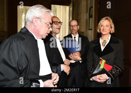 Lawyer Alain De Jonge, defending Delphine Boel, Lawyer Marc Uyttendaele, an unidentified man and Belgian artist Delphine Boel pictured ahead of a session at the Appeal Court to set the agenda in the appeal in the case of Delphine Boel to contest the paternity of her father Jacques Boel and to ask for the recognition of the paternity of King Albert II, Thursday 26 April 2018, in Brussels. Boel intends to prove she is Albert II's biological daughter. BELGA PHOTO ERIC LALMAND  Stock Photo