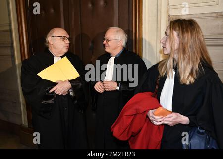 Lawyer Guy Hiernaux, defending King Albert II, Lawyer Alain Berenboom, defending King Albert II and an unidentified woman pictured ahead of a session at the Appeal Court to set the agenda in the appeal in the case of Delphine Boel to contest the paternity of her father Jacques Boel and to ask for the recognition of the paternity of King Albert II, Thursday 26 April 2018, in Brussels. Boel intends to prove she is Albert II's biological daughter. BELGA PHOTO ERIC LALMAND  Stock Photo