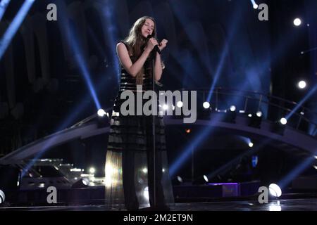 ATTENTION EDITORS - HAND OUT PICTURES - EDITORIAL USE ONLY Hand out pictures released on Sunday 29 April 2018, by Flemish public broadcasting channel een, shows the Belgian Eruovision Song Festival candidate Sennek (Laura Van Groeseneken) performing in a dress by Belgian fashion designer Veronique Branquinho during the first rehearsal ahead of Tuesday 01 May's first semi final of this year's Eurovision Song Contest in Lisbon, Portugal. BELGA PHOTO HAND OUT EEN  Stock Photo