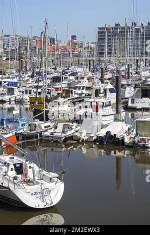 Barche a vela, motoscafi e yacht da diporto nel porto turistico di Blankenberge, lungo la costa del Mare del Nord, Fiandre Occidentali, Belgio | Voiliers au port de plaisance à Blankenberge, Belgique 18/04/2018 Foto Stock