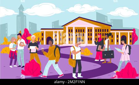 Università con studenti all'aperto, adolescenti che si preparano per le lezioni Illustrazione Vettoriale