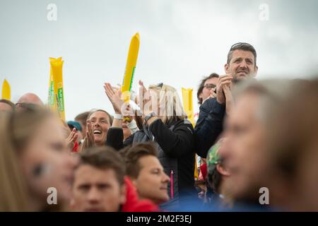 KHC Dragons' fans pictured during a hockey game between KHC Dragons and Waterloo Ducks H.C., the first leg of the finals of the playoffs of the 'Audi league' Belgian men's hockey competition, Thursday 10 May 2018 in Boom. BELGA PHOTO JAMES ARTHUR GEKIERE Stock Photo