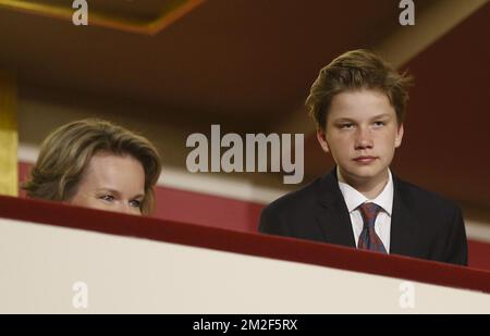 Queen Mathilde of Belgium and Prince Gabriel pictured during the last session of the finals of the Queen Elisabeth Competition for Voice 2018 at the Brussels' Bozar, Saturday 12 May 2018. BELGA PHOTO NICOLAS MAETERLINCK Stock Photo