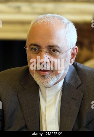 Il Ministro degli Esteri iraniano Mohammad Javad Zarif ha illustrato nel corso di un incontro tra il Ministro degli Esteri belga e il suo omologo iraniano, martedì 15 maggio 2018, presso il Palazzo Egmont di Bruxelles. FOTO DI BELGA ERIC LALMAND Foto Stock