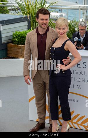 Alden Ehrenreich ed Emilia Clarke assistono alla fotocall di 'solo: Una storia di guerre stellari' durante il 71st° Festival di Cannes al Palais des Festivals|Alden Ehrenreich ed Emilia Clarke assistent au fotocall de 'solo : A Star Wars Story' Lors du 71e Festival de Cannes au Palais des Festivals 15/05/2018 Foto Stock