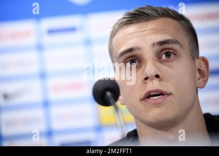 Il Trossard Leandro di Genk è stato raffigurato durante una conferenza stampa della prima squadra di calcio belga KRC Genk, giovedì 24 maggio 2018 a Genk. FOTO DI BELGA YORICK JANSENS Foto Stock