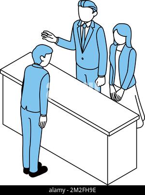 Male and female customers at the reception counter, employee staff bailing Stock Vector