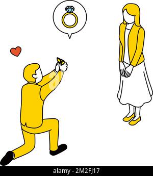 L'uomo scende su un ginocchio e si propone ad una donna, dandole un anello. Illustrazione Vettoriale