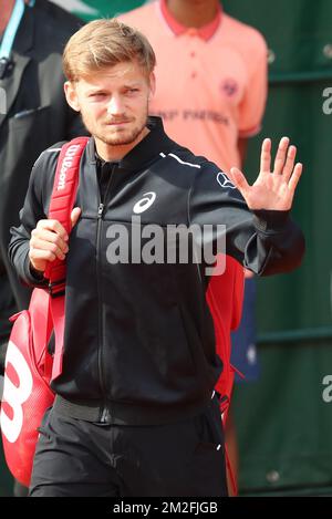 Il belga David Goffin arriva per una partita tra il belga David Goffin e l'olandese Robin Haase nel primo turno dei singoli uomini al torneo di tennis francese Roland Garros Open, a Parigi, in Francia, domenica 27 maggio 2018. L'estrazione principale del Roland Garros Grand Slam di quest'anno si svolge dal 27 maggio al 10 giugno. BELGA FOTO BENOIT DOPPAGNE Foto Stock