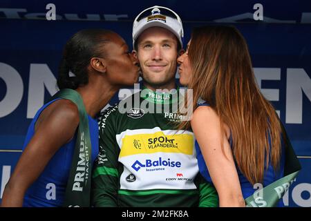 Belgian Thomas Sprengers of Sport Vlaanderen-Baloise on the podium of the final stage of the Baloise Belgium Tour cycling race, 157,7km from Landen to Tongeren, Sunday 27 May 2018. BELGA PHOTO DAVID STOCKMAN Stock Photo