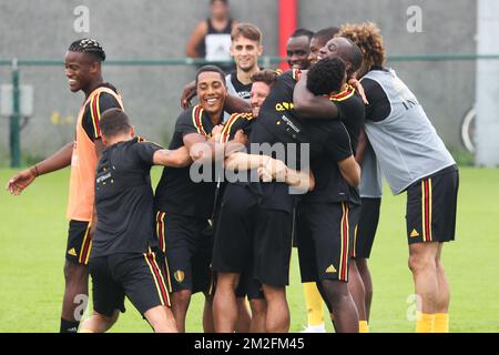 Belgium's Youri Tielemans and Belgium's Dries Mertens pictured during a training session of the Belgian national soccer team Red Devils, Tuesday 29 May 2018, in Tubize. The Red Devils started their preparations for the upcoming FIFA World Cup 2018 in Russia. BELGA PHOTO BRUNO FAHY Stock Photo