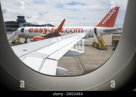 easyJet.com vue sur un avion de la compagnie low cost et le logo de la compagnie eyrienne. | Vista easyJet.com su un'ala di un aereo. 19/06/2018 Foto Stock