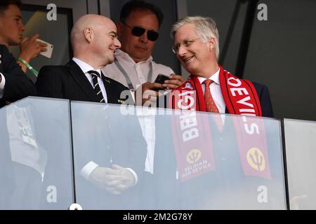 L-R, Fifa chairman Gianni Infantino and King Philippe - Filip of Belgium pictured in the stands during the second game of Belgian national soccer team the Red Devils against Tunisia national team in the Spartak stadium, in Moscow, Russia, Saturday 23 June 2018. Belgium won its first group phase game. BELGA PHOTO DIRK WAEM Stock Photo