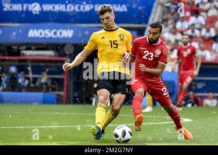 Belgium's Thomas Meunier and Tunesia's Naim Sliti fight for the ball during the second game of Belgian national soccer team the Red Devils against Tunisia national team in the Spartak stadium, in Moscow, Russia, Saturday 23 June 2018. Belgium won its first group phase game. BELGA PHOTO DIRK WAEM Stock Photo