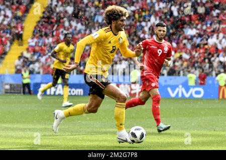 Marouane Fellaini in Belgio e Anice Badri di Tunesia combattono per la palla durante la seconda partita della nazionale belga di calcio i Red Devils contro la nazionale tunisina nello stadio Spartak, a Mosca, in Russia, sabato 23 giugno 2018. Il Belgio ha vinto il suo primo gioco di fase di gruppo. FOTO DI BELGA DIRK WAEM Foto Stock