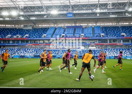 I giocatori belgi hanno mostrato in una sessione di allenamento della nazionale belga di calcio i Red Devils nello stadio di Kaliningrad, a Kaliningrad, in Russia, mercoledì 27 giugno 2018. La squadra giocherà domani la terza partita contro l'Inghilterra nella fase di gruppo della Coppa del mondo FIFA 2018. FOTO DI BELGA BRUNO FAHY Foto Stock