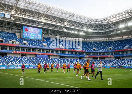 I giocatori belgi hanno mostrato in una sessione di allenamento della nazionale belga di calcio i Red Devils nello stadio di Kaliningrad, a Kaliningrad, in Russia, mercoledì 27 giugno 2018. La squadra giocherà domani la terza partita contro l'Inghilterra nella fase di gruppo della Coppa del mondo FIFA 2018. FOTO DI BELGA BRUNO FAHY Foto Stock