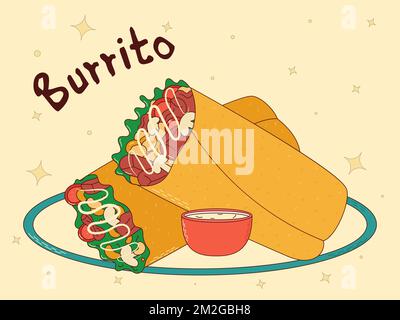 Mexican traditional food. Burrito. Vector illustration in hand drawn style Stock Vector
