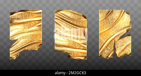 Vecchi fogli di lamina d'oro con bordi strappati e rughe. Vettore realistico mockup di carta dorata sbriciolati, carta metallica con superficie ruvida, lacerazioni e pieghe isolate su sfondo trasparente Illustrazione Vettoriale