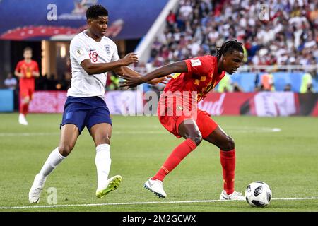 England's Marcus Rashford and Belgium's Dedryck Boyata pictured during a soccer game between Belgian national soccer team the Red Devils and England, Thursday 28 June 2018 in Kaliningrad, Russia, the third and last in Group G of the FIFA World Cup 2018. BELGA PHOTO DIRK WAEM Stock Photo