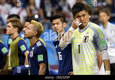 Il giapponese Hotaru Yamaguchi e il portiere giapponese Eiji Kawashima reagiscono nel momento in cui hanno perso un round di 16 partita tra la nazionale belga di calcio i Red Devils e il Giappone a Rostov, Russia, lunedì 02 luglio 2018. FOTO DI BELGA LAURIE DIEFFEMBACQ Foto Stock