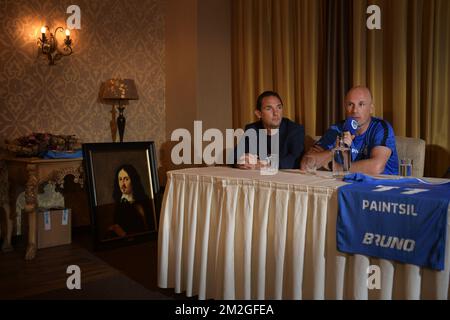 Genk's technical director Dimitri De Conde and Genk's head coach Philippe Clement pictured during a press presentation of new players of Belgian soccer team KRC Genk, ahead of the 2018-2019 Jupiler Pro League season, Monday 04 January 2016, in Genk. BELGA PHOTO YORICK JANSENS Stock Photo