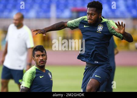 Paulinho del Brasile e Fred del Brasile hanno mostrato in azione durante una sessione di allenamento della nazionale brasiliana di calcio a Kazan, Russia, giovedì 05 luglio 2018. Domani incontreranno la nazionale belga Red Devils nei quarti di finale della Coppa del mondo FIFA 2018. FOTO DI BELGA LAURIE DIEFFEMBACQ Foto Stock