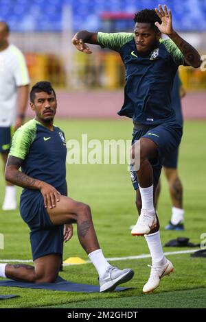 Paulinho del Brasile e Fred del Brasile hanno mostrato in azione durante una sessione di allenamento della nazionale brasiliana di calcio a Kazan, Russia, giovedì 05 luglio 2018. Domani incontreranno la nazionale belga Red Devils nei quarti di finale della Coppa del mondo FIFA 2018. FOTO DI BELGA LAURIE DIEFFEMBACQ Foto Stock