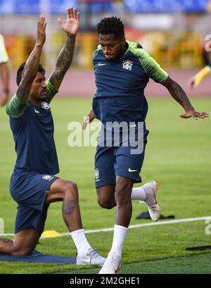 Paulinho del Brasile e Fred del Brasile hanno mostrato in azione durante una sessione di allenamento della nazionale brasiliana di calcio a Kazan, Russia, giovedì 05 luglio 2018. Domani incontreranno la nazionale belga Red Devils nei quarti di finale della Coppa del mondo FIFA 2018. FOTO DI BELGA LAURIE DIEFFEMBACQ Foto Stock