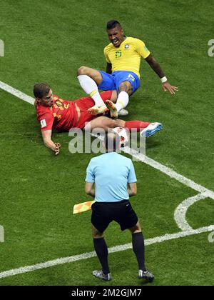 Belgium's Jan Vertonghen and Brazil's Paulinho pictured in action during a soccer game between Belgian national soccer team the Red Devils and Brazil in Kazan, Russia, Friday 06 July 2018, the quarter-finals of the 2018 FIFA World Cup. BELGA PHOTO LAURIE DIEFFEMBACQ  Stock Photo