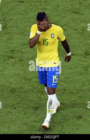 Brazil's Paulinho pictured in action during a soccer game between Belgian national soccer team the Red Devils and Brazil in Kazan, Russia, Friday 06 July 2018, the quarter-finals of the 2018 FIFA World Cup. BELGA PHOTO LAURIE DIEFFEMBACQ  Stock Photo