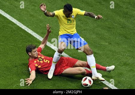 Belgium's Jan Vertonghen and Brazil's Paulinho pictured in action during a soccer game between Belgian national soccer team the Red Devils and Brazil in Kazan, Russia, Friday 06 July 2018, the quarter-finals of the 2018 FIFA World Cup. BELGA PHOTO LAURIE DIEFFEMBACQ  Stock Photo