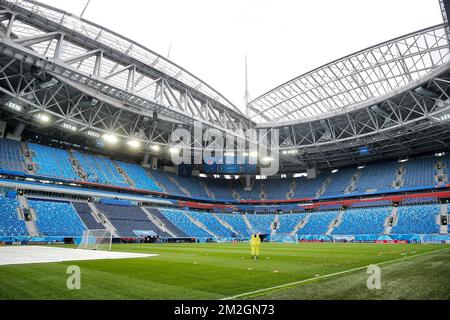 L'immagine mostra lo stadio di San Pietroburgo in vista di una conferenza stampa della nazionale belga di calcio The Red Devils a San Pietroburgo, Russia, lunedì 09 luglio 2018. I Diavoli qualificati per le semifinali della Coppa del mondo FIFA 2018, martedì incontreranno la Francia. FOTO DI BELGA BRUNO FAHY Foto Stock