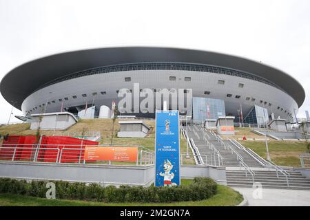 L'immagine mostra lo stadio di San Pietroburgo in vista di una conferenza stampa della nazionale belga di calcio The Red Devils a San Pietroburgo, Russia, lunedì 09 luglio 2018. I Diavoli qualificati per le semifinali della Coppa del mondo FIFA 2018, martedì incontreranno la Francia. FOTO DI BELGA BRUNO FAHY Foto Stock