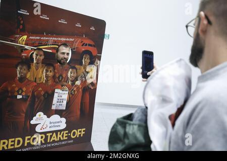 Illustration picture shows the departure of a fan flight to Saint-Petersburg, Russia, for the semi final match between the French national soccer team 'Les Bleus' and Belgian national soccer team the Red Devils, at Brussels Airport, Zaventem, Tuesday 10 July 2018. BELGA PHOTO THIERRY ROGE Stock Photo