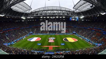 L'immagine mostra lo stadio, davanti alla partita semifinale tra la nazionale francese di calcio 'Les Bleus' e la nazionale belga di calcio i Red Devils, a San Pietroburgo, Russia, martedì 10 luglio 2018. FOTO DI BELGA LAURIE DIEFFEMBACQ Foto Stock