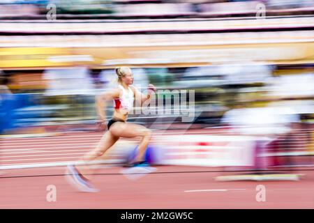 Sarah Lagger è stato raffigurato in azione durante il terzo giorno dei Campionati mondiali di atletica IAAF U20 a Tampere, Finlandia, giovedì 12 luglio 2018. I U20 Mondi si svolgono dal 10 al 15 luglio 2018. FOTO DI BELGA JASPER JACOBS Foto Stock